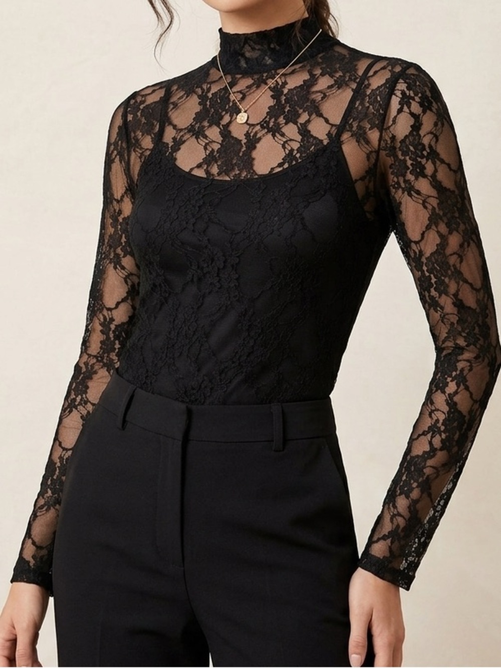 Sheer Lace Mock Neck Long Sleeve Top - Black